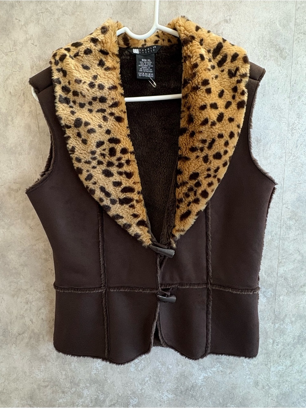 Carole Little Dark Brown Faux Suede Vest with Leopard-Print Shawl Collar